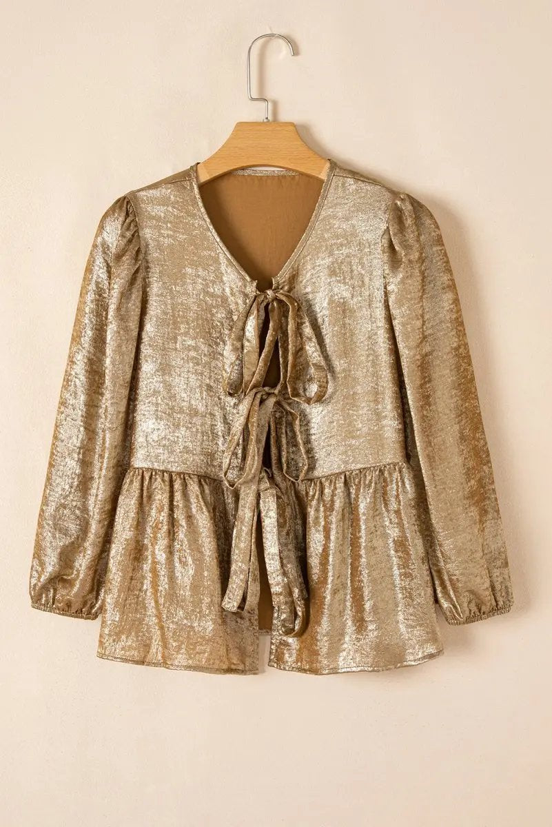 Gold Bow Tie Front Puff 3/4 Sleeve Ruffle Hem Blouse - Love Salve